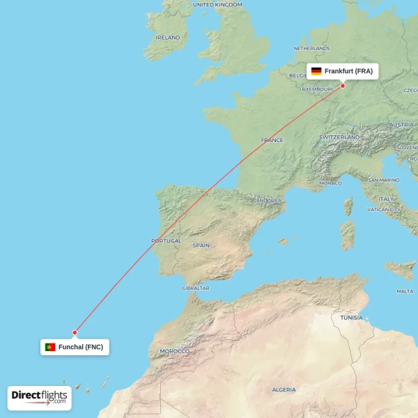Funchal - Frankfurt direct flight map