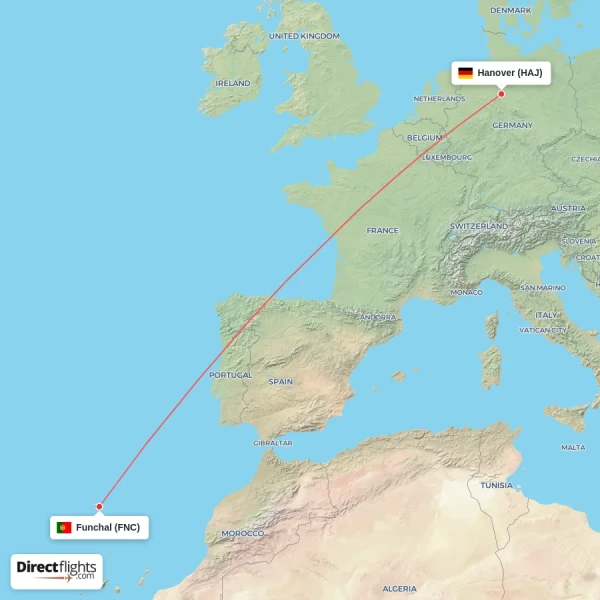 Funchal - Hanover direct flight map