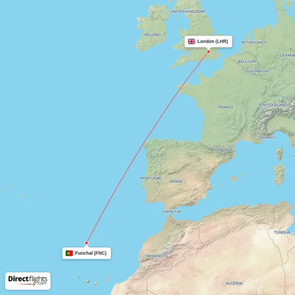Funchal - London direct flight map
