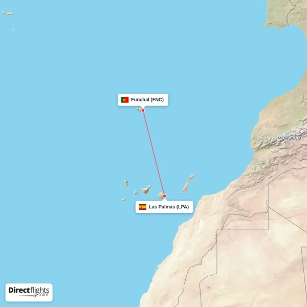 Funchal - Las Palmas direct flight map