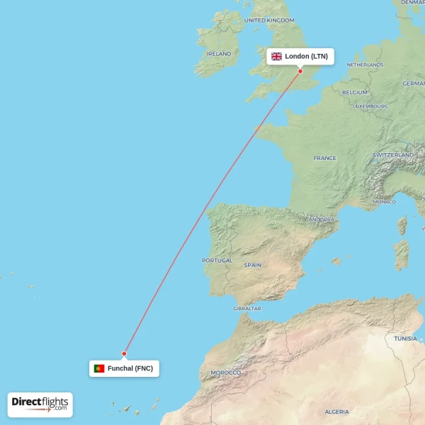 Funchal - London direct flight map