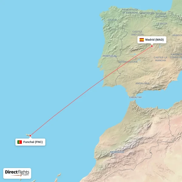 Funchal - Madrid direct flight map