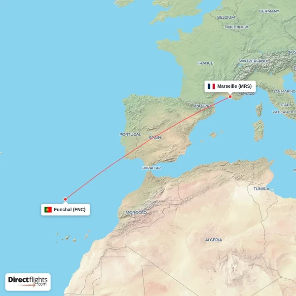 Funchal - Marseille direct flight map