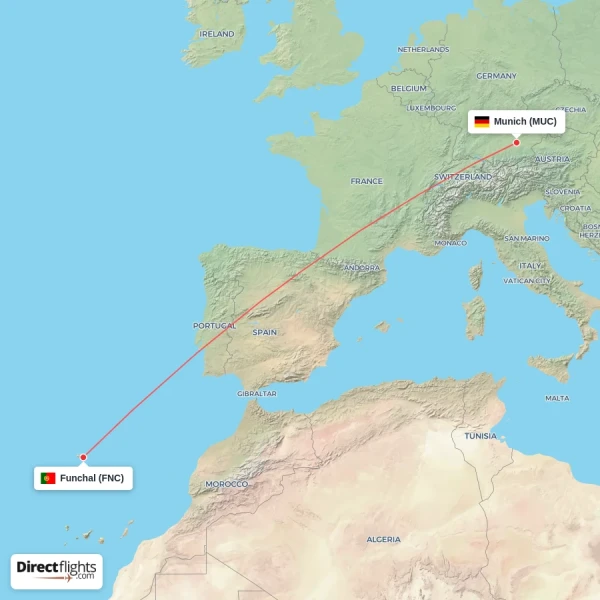 Funchal - Munich direct flight map