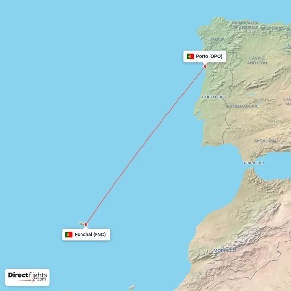 Funchal - Porto direct flight map