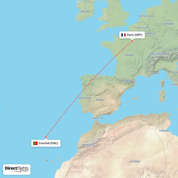 Funchal - Paris direct flight map