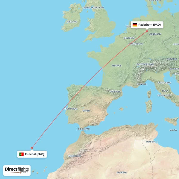 Funchal - Paderborn direct flight map