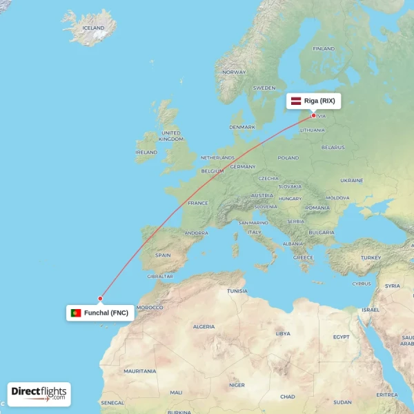Funchal - Riga direct flight map