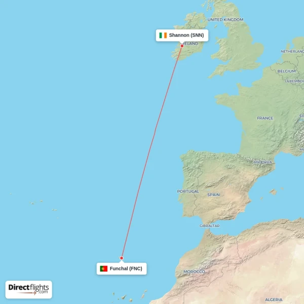 Funchal - Shannon direct flight map