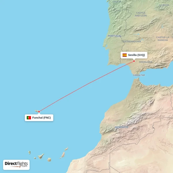 Funchal - Sevilla direct flight map