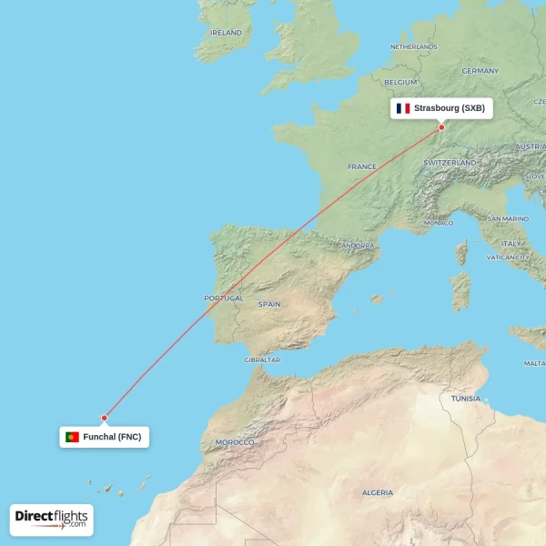 Funchal - Strasbourg direct flight map
