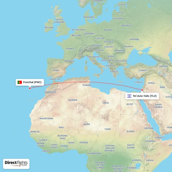 Funchal - Tel Aviv-Yafo direct flight map