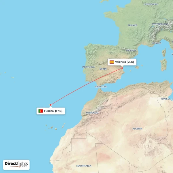 Funchal - Valencia direct flight map