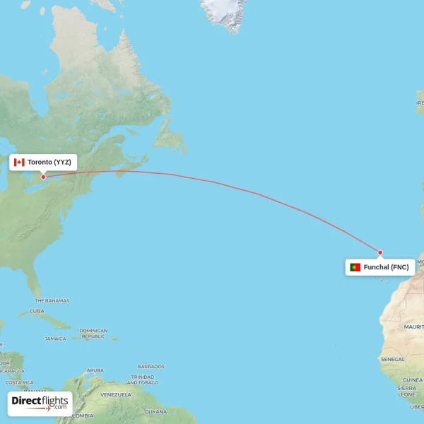 Funchal - Toronto direct flight map