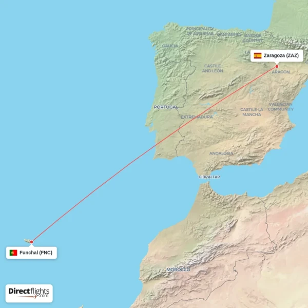 Funchal - Zaragoza direct flight map