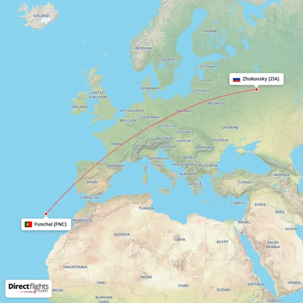Funchal - Zhukovsky direct flight map
