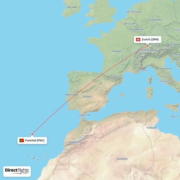 Funchal - Zurich direct flight map