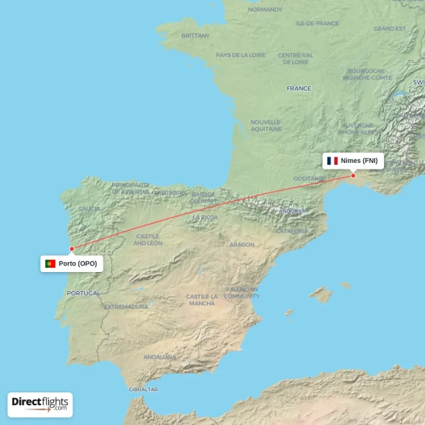 Nimes - Porto direct flight map
