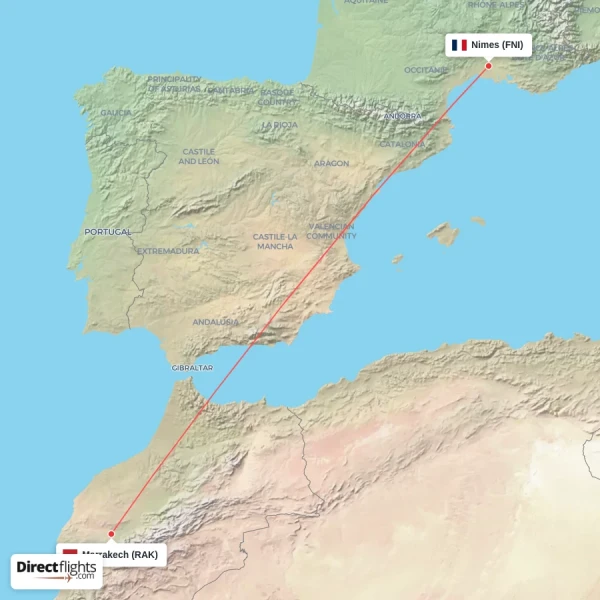 Nimes - Marrakech direct flight map