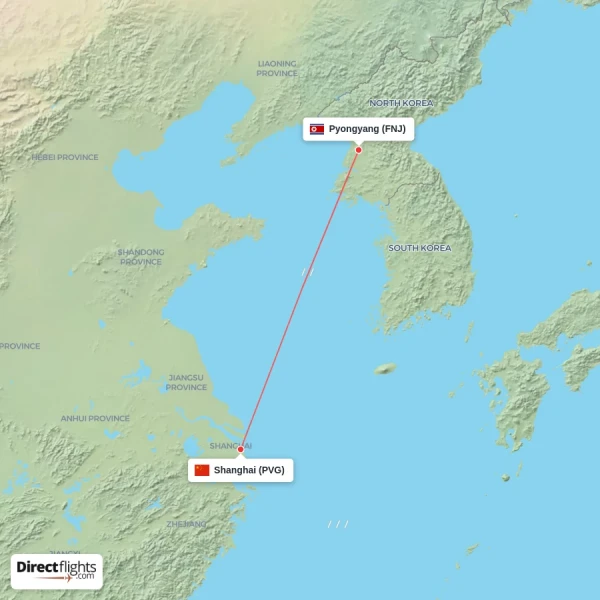 Pyongyang - Shanghai direct flight map