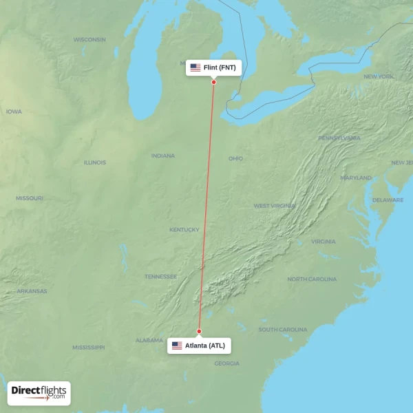 Flint - Atlanta direct flight map