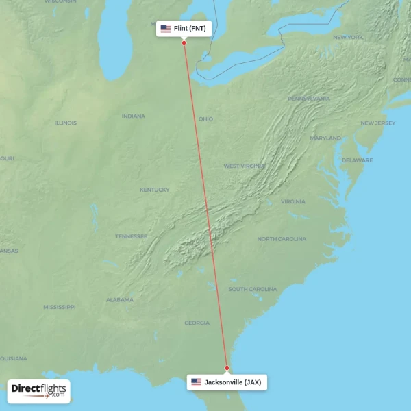 Flint - Jacksonville direct flight map