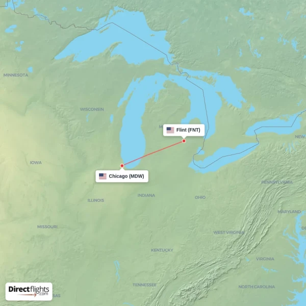 Flint - Chicago direct flight map