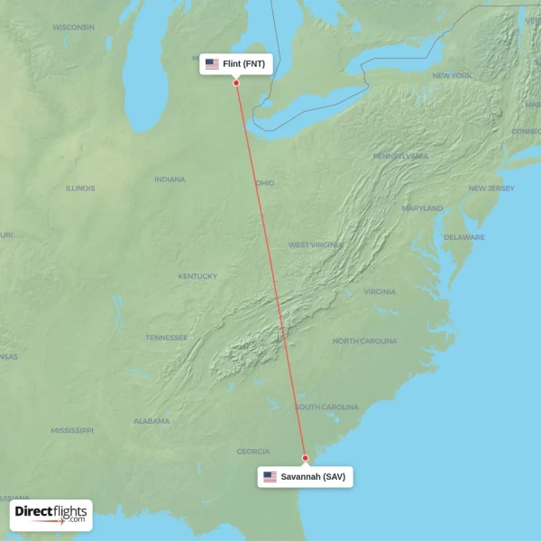 Flint - Savannah direct flight map