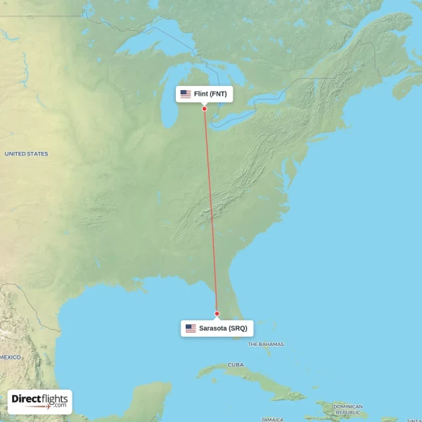 Flint - Sarasota direct flight map