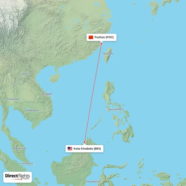 Fuzhou - Kota Kinabalu direct flight map