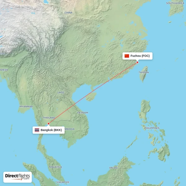 Fuzhou - Bangkok direct flight map