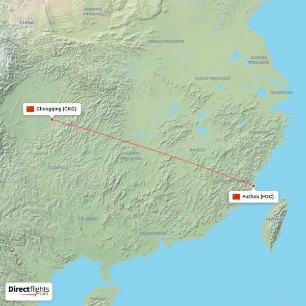 Fuzhou - Chongqing direct flight map