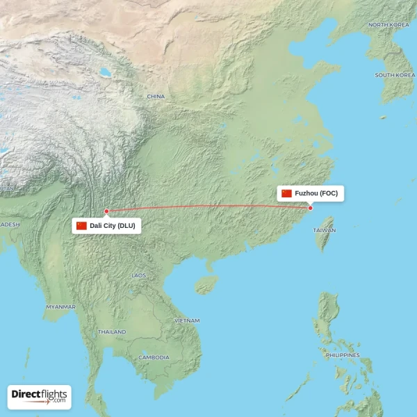 Fuzhou - Dali City direct flight map