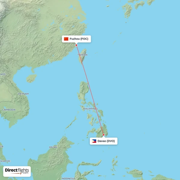 Fuzhou - Davao direct flight map