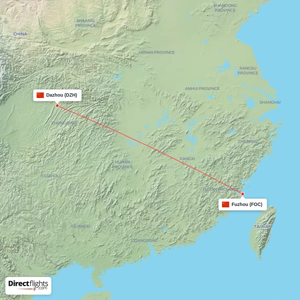 Fuzhou - Dazhou direct flight map