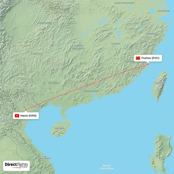 Fuzhou - Hanoi direct flight map