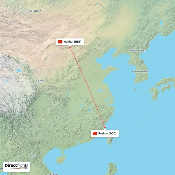Fuzhou - Hohhot direct flight map