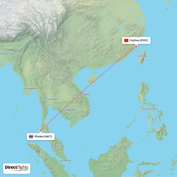 Fuzhou - Phuket direct flight map