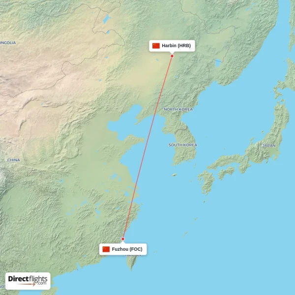 Fuzhou - Harbin direct flight map