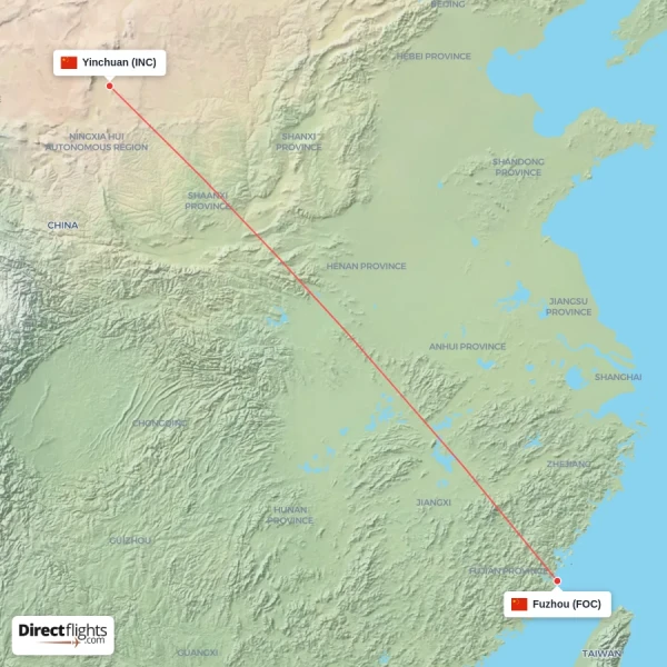 Fuzhou - Yinchuan direct flight map