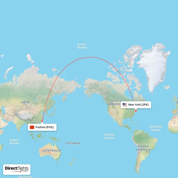 Fuzhou - New York direct flight map