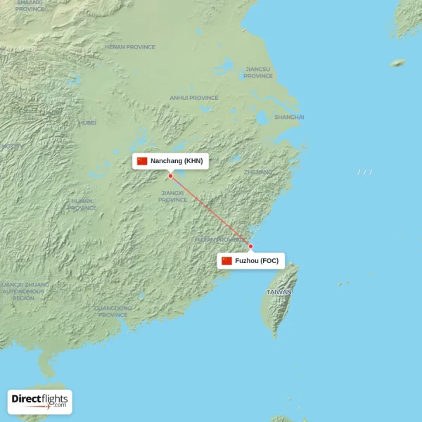 Fuzhou - Nanchang direct flight map