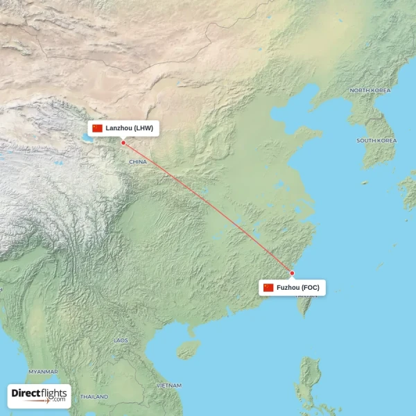 Fuzhou - Lanzhou direct flight map
