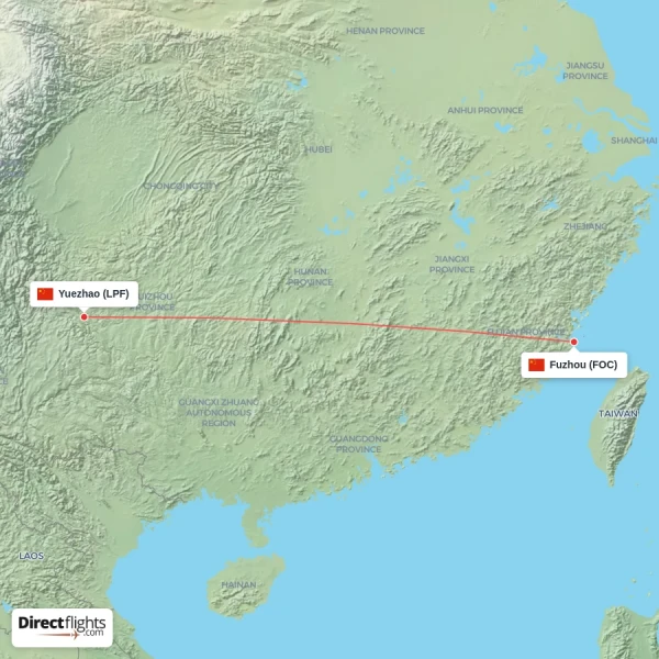 Fuzhou - Yuezhao direct flight map