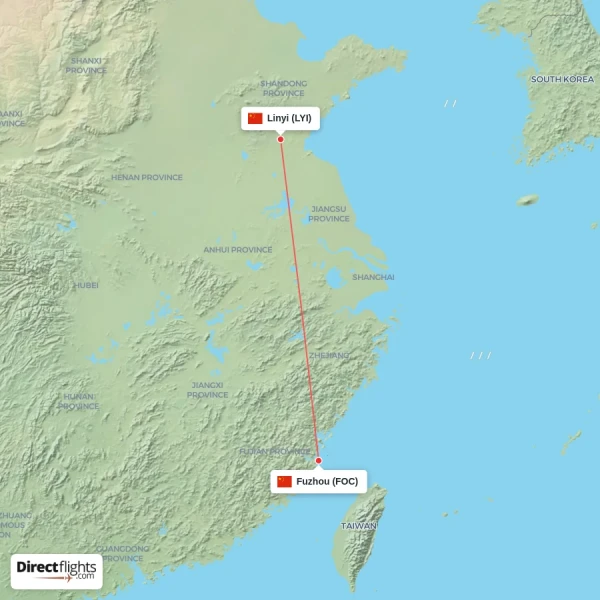 Fuzhou - Linyi direct flight map