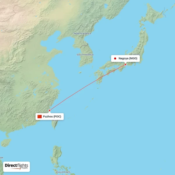 Fuzhou - Nagoya direct flight map