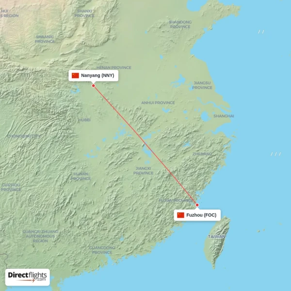 Fuzhou - Nanyang direct flight map
