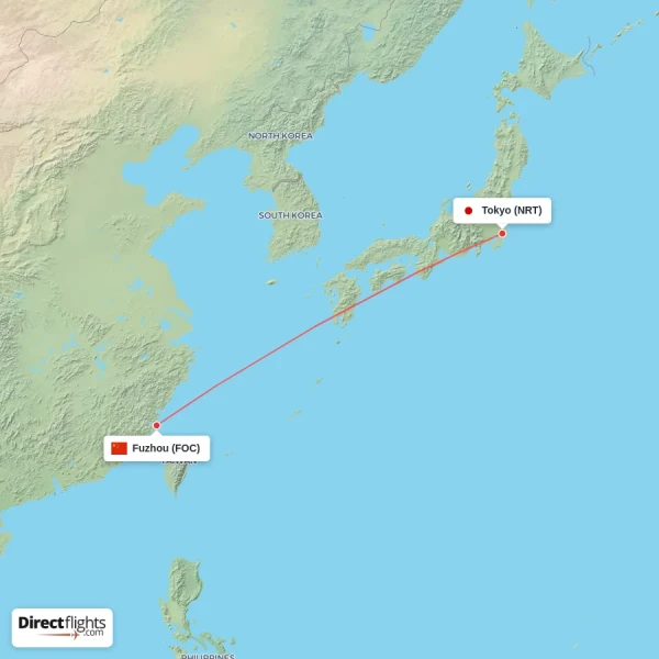 Fuzhou - Tokyo direct flight map