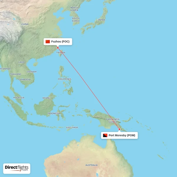 Fuzhou - Port Moresby direct flight map