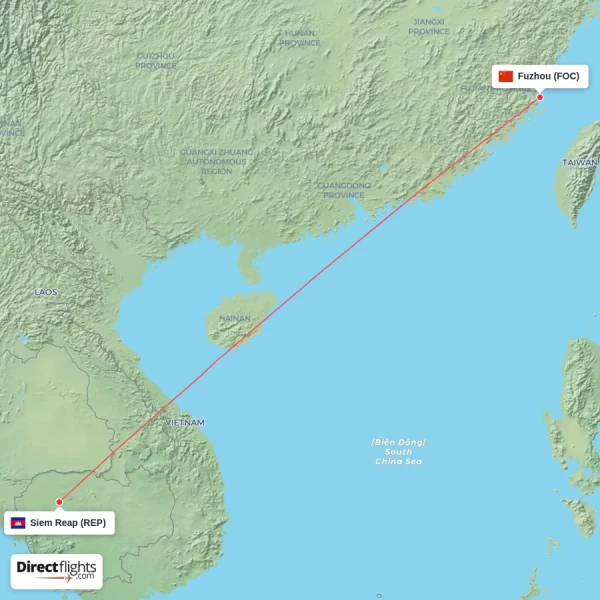 Fuzhou - Siem Reap direct flight map